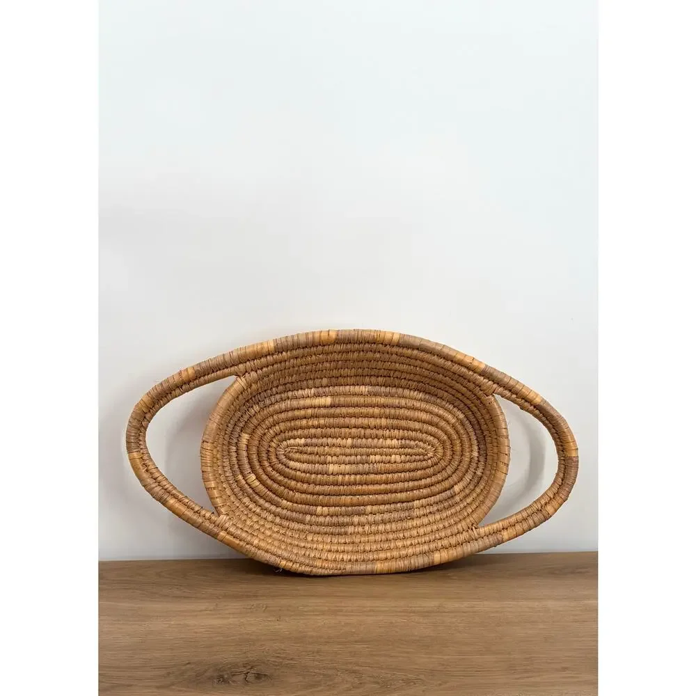 Vintage Boho Hand Woven Coil Straw Basket Tray, Oval Serving Platter, Wall Art